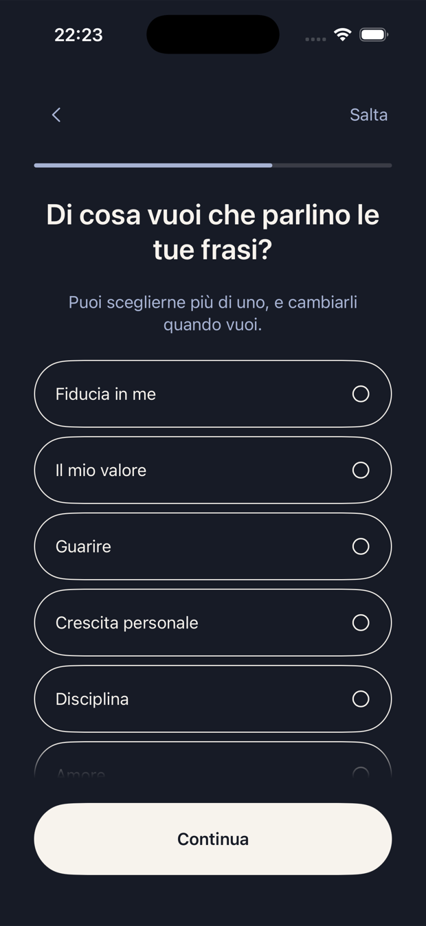 Schermata Aura per scegliere gli argomenti delle frasi
